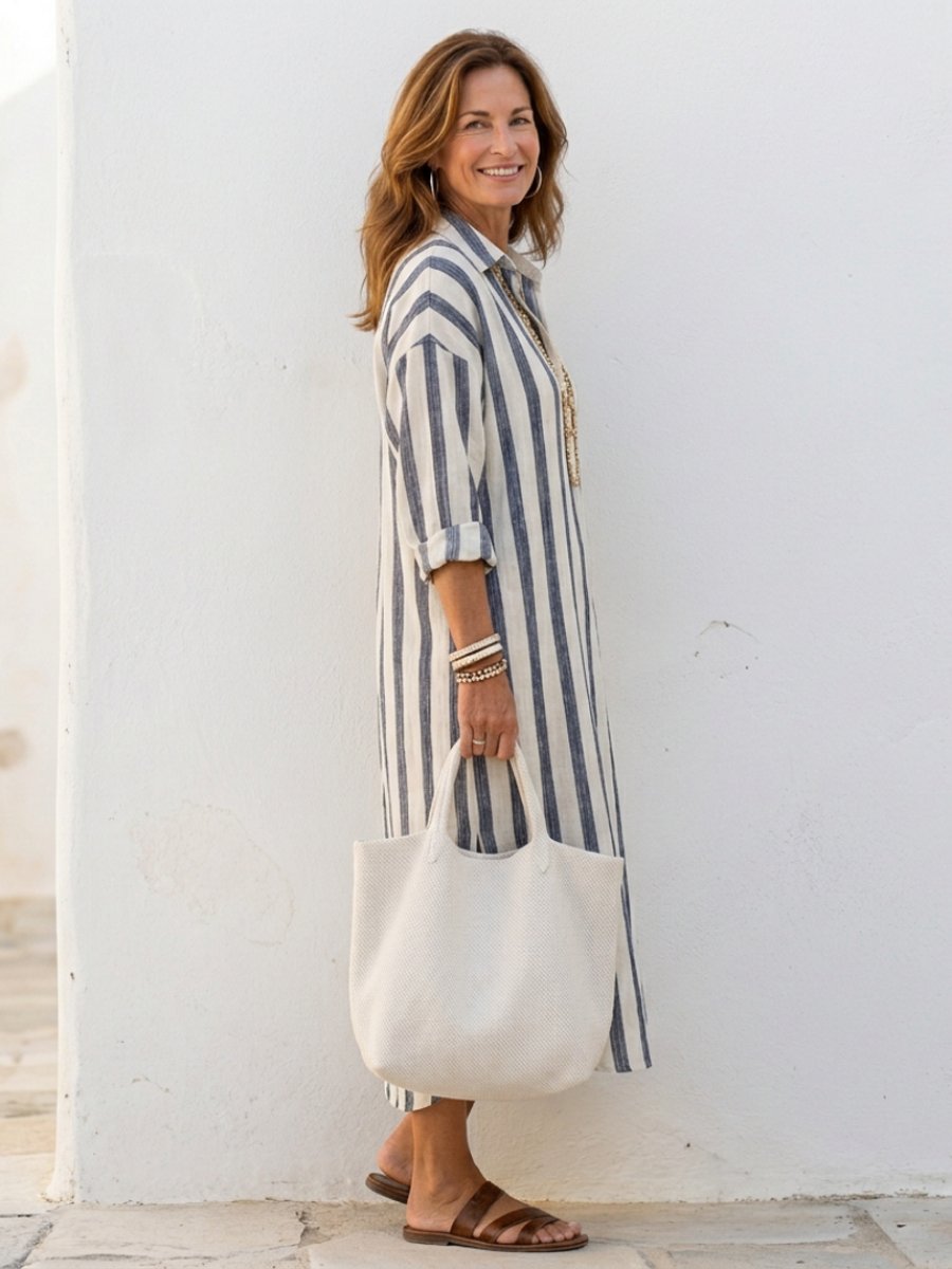 Lily | Women's Striped Long Sleeve Midi Shirt Dress Relaxed Fit