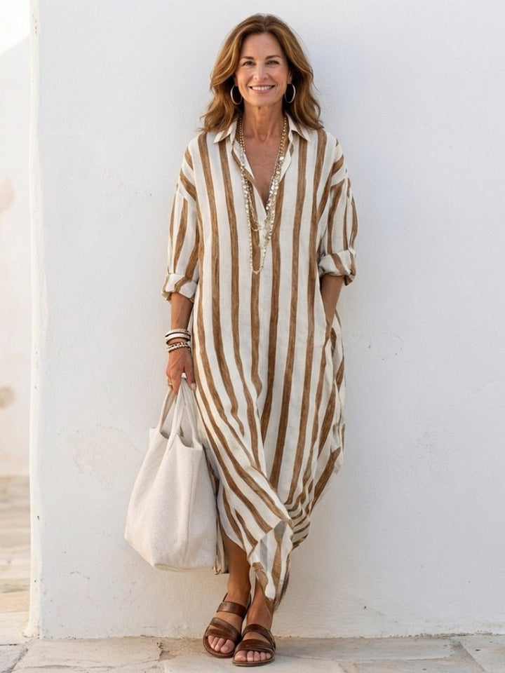 Lily | Women's Striped Long Sleeve Midi Shirt Dress Relaxed Fit