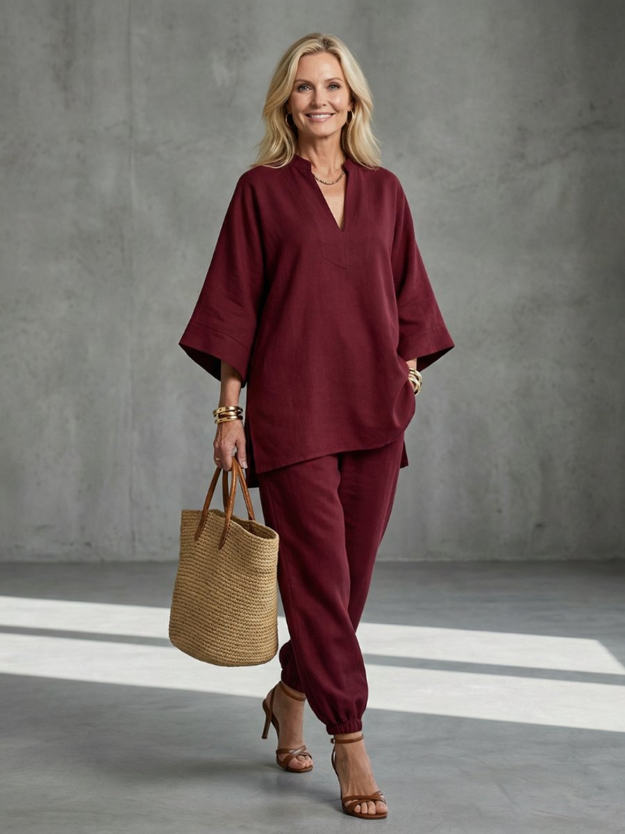 Willow | Women's Relaxed Everyday Day Dresses V-Neck Tunic Gathered Trouser Set