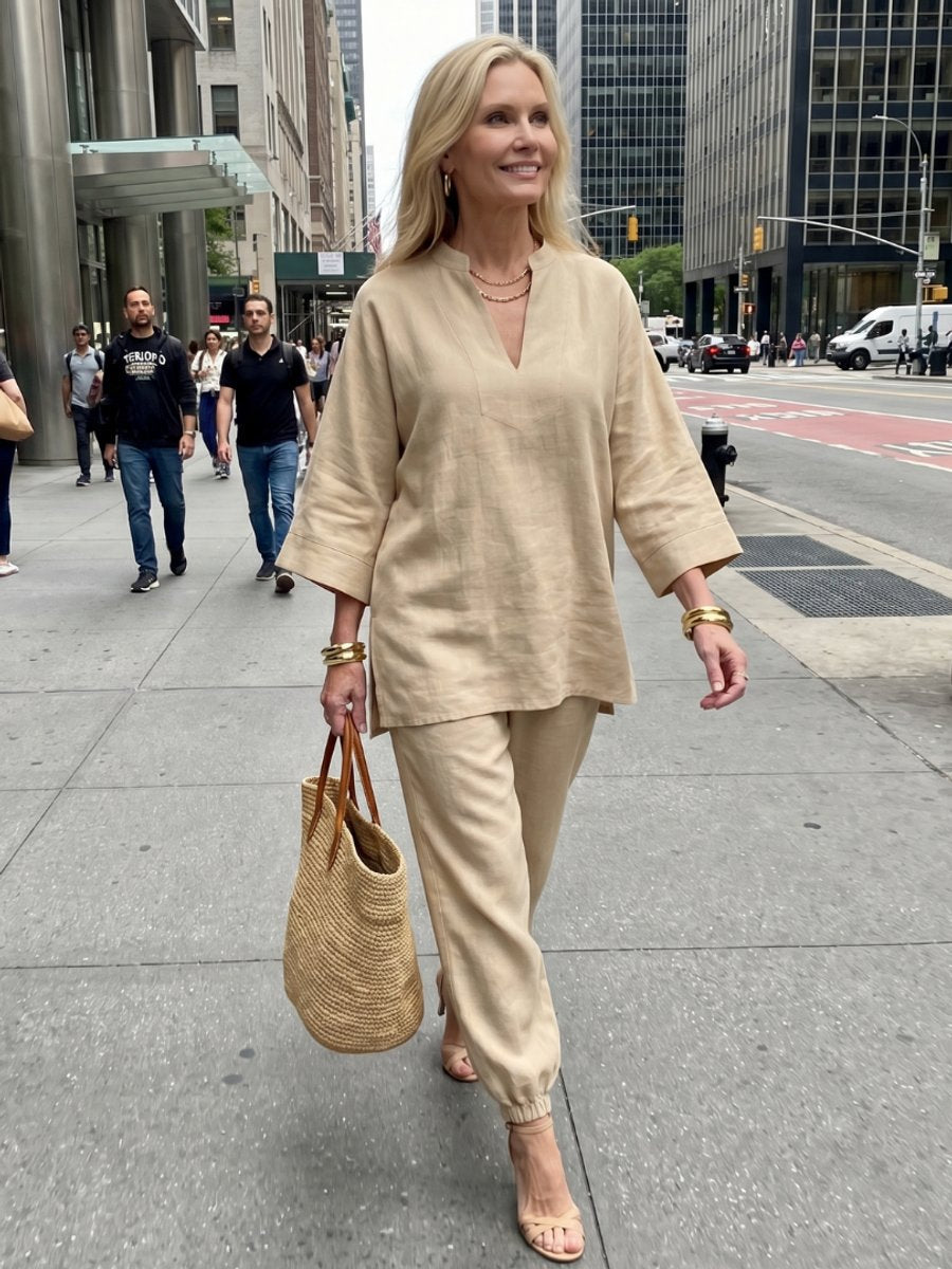 Willow | Women's Relaxed Everyday Day Dresses V-Neck Tunic Gathered Trouser Set