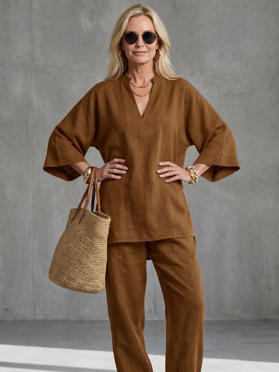 Willow | Women's Relaxed Everyday Day Dresses V-Neck Tunic Gathered Trouser Set