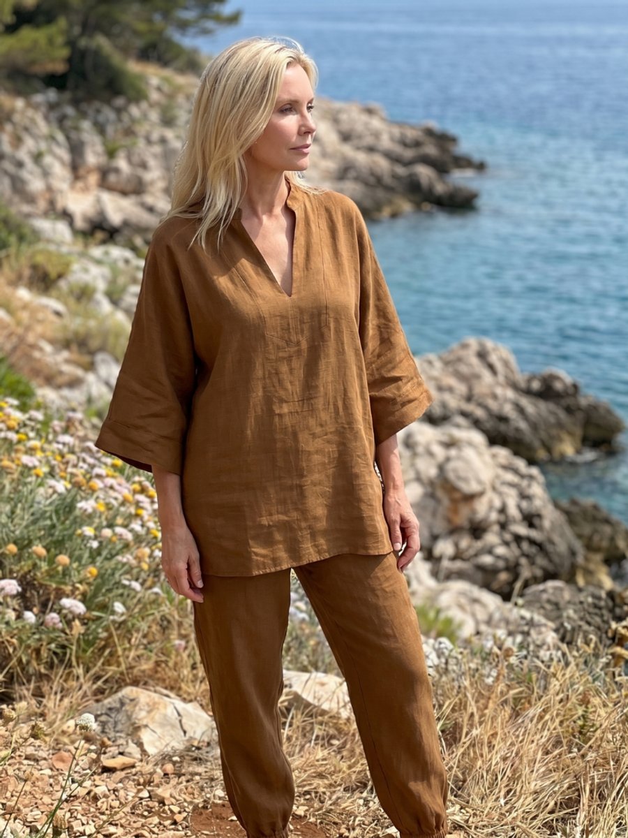 Willow | Women's Relaxed Everyday Day Dresses V-Neck Tunic Gathered Trouser Set