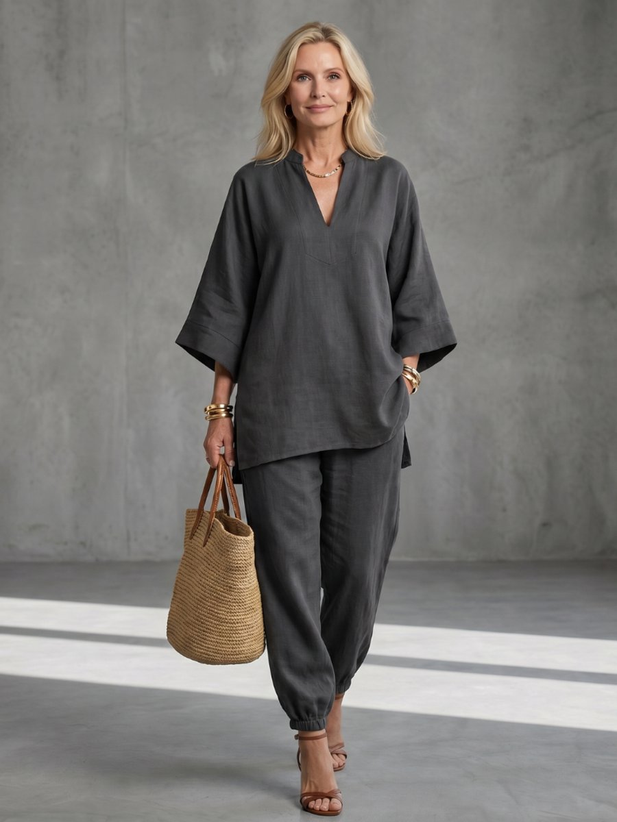 Willow | Women's Relaxed Everyday Day Dresses V-Neck Tunic Gathered Trouser Set