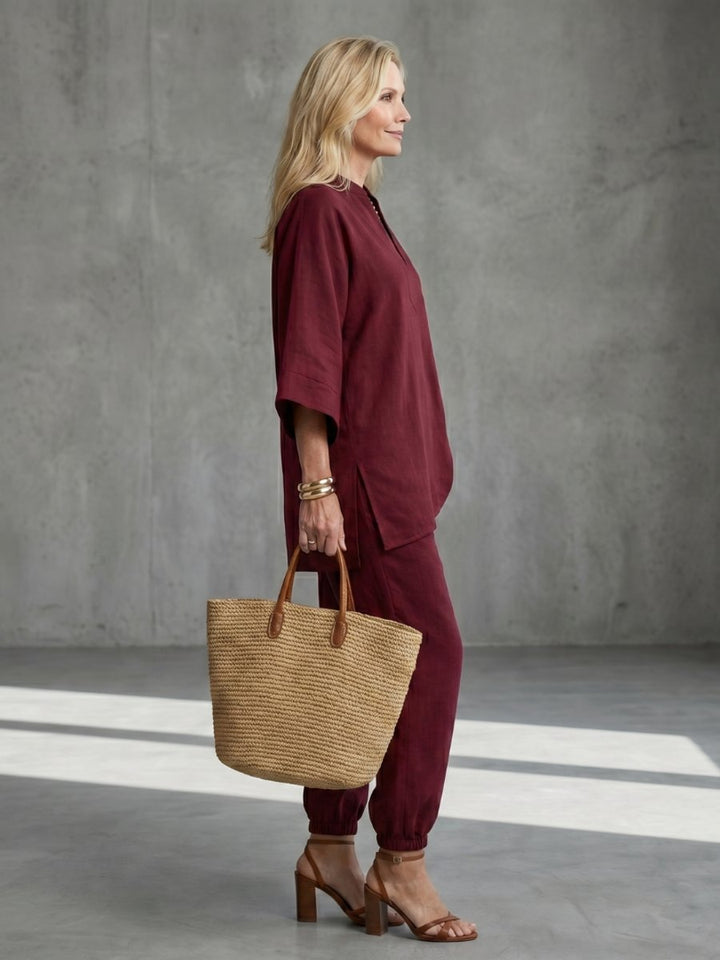 Willow | Women's Relaxed Everyday Day Dresses V-Neck Tunic Gathered Trouser Set