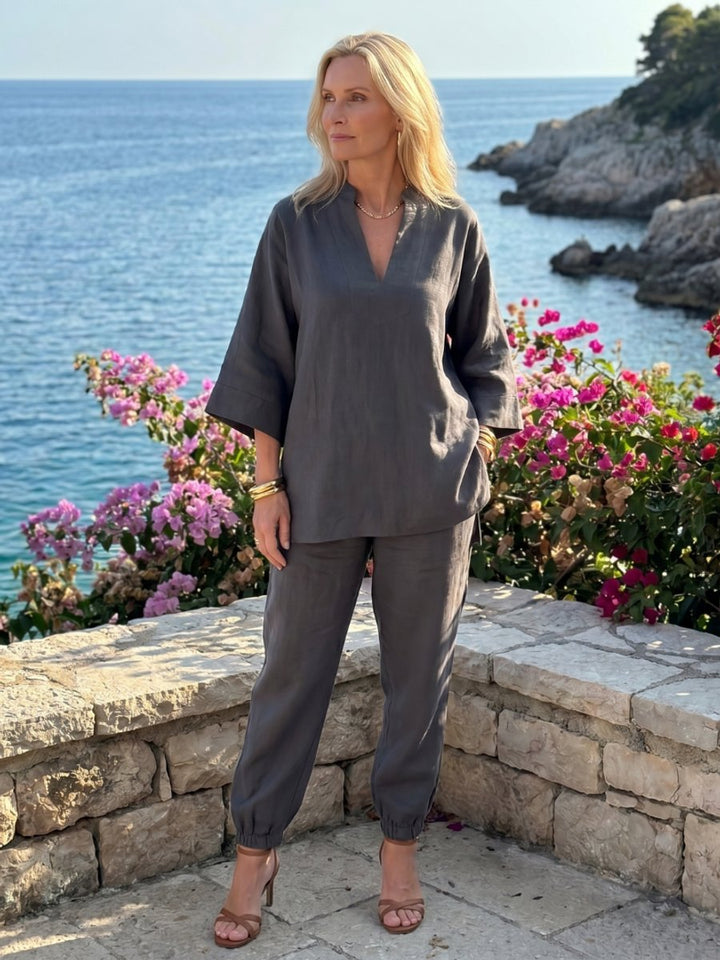 Willow | Women's Relaxed Everyday Day Dresses V-Neck Tunic Gathered Trouser Set