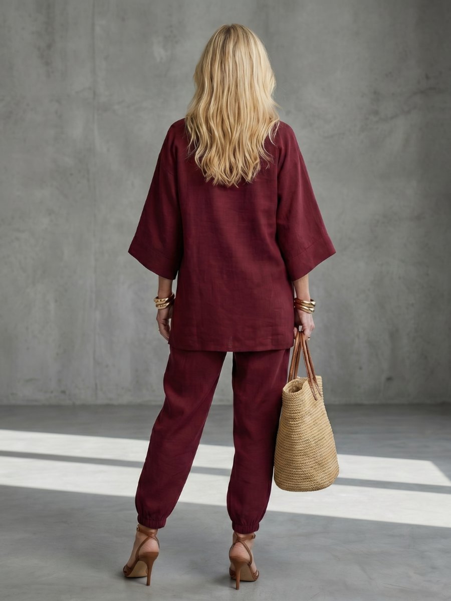 Willow | Women's Relaxed Everyday Day Dresses V-Neck Tunic Gathered Trouser Set