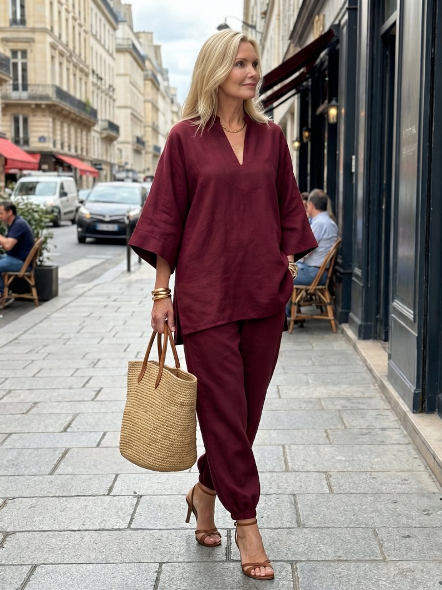 Willow | Women's Relaxed Everyday Day Dresses V-Neck Tunic Gathered Trouser Set