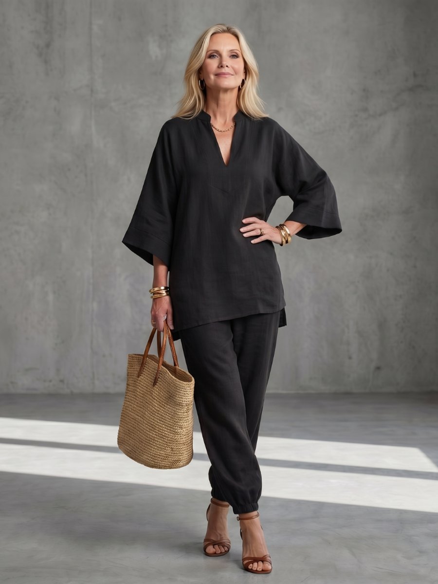 Willow | Women's Relaxed Everyday Day Dresses V-Neck Tunic Gathered Trouser Set