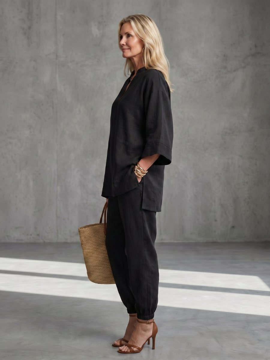 Willow | Women's Relaxed Everyday Day Dresses V-Neck Tunic Gathered Trouser Set