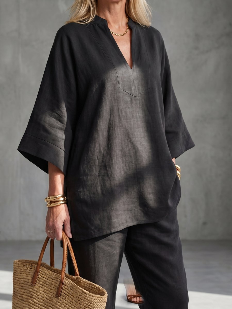 Willow | Women's Relaxed Everyday Day Dresses V-Neck Tunic Gathered Trouser Set