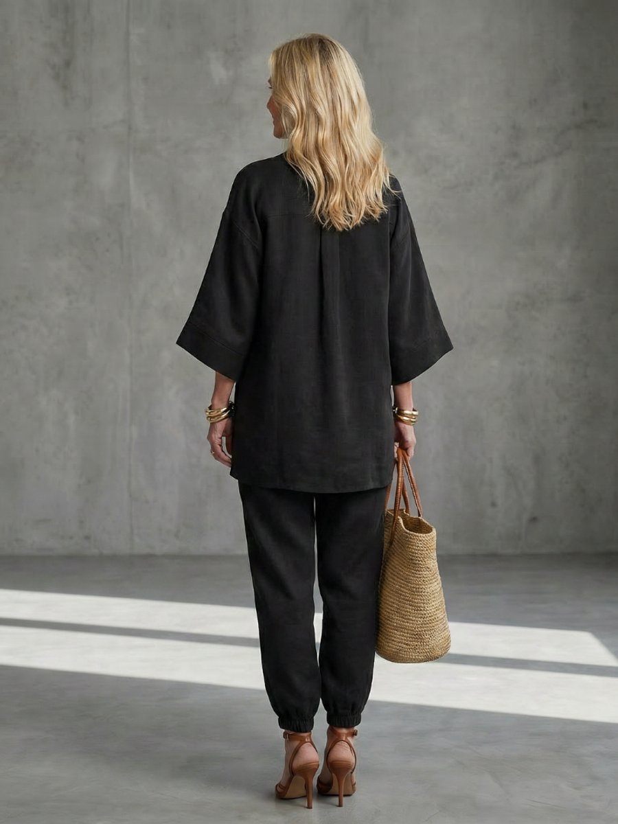 Willow | Women's Relaxed Everyday Day Dresses V-Neck Tunic Gathered Trouser Set