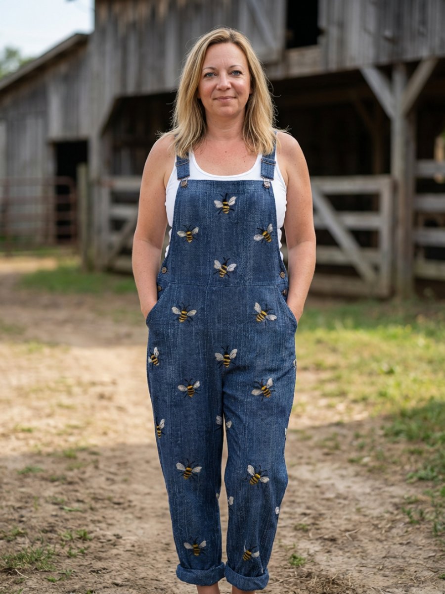 Scarlett | Women's Relaxed Everyday Denim Dungaree Jumpsuit Bee Print