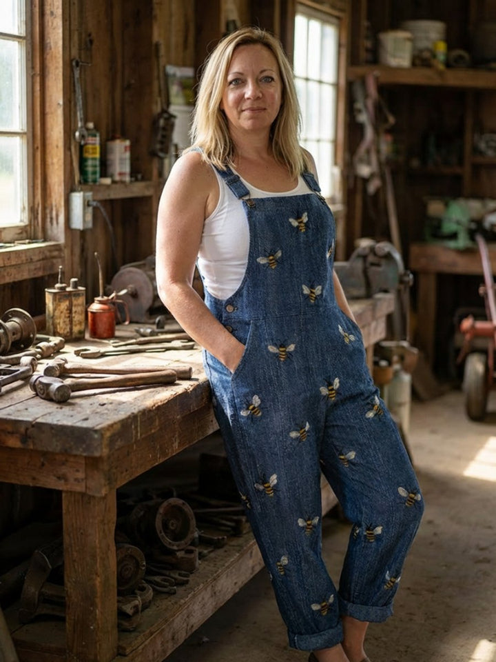Scarlett | Women's Relaxed Everyday Denim Dungaree Jumpsuit Bee Print