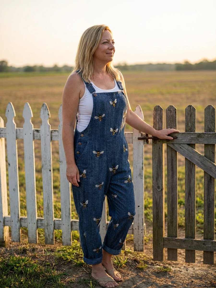 Scarlett | Women's Relaxed Everyday Denim Dungaree Jumpsuit Bee Print