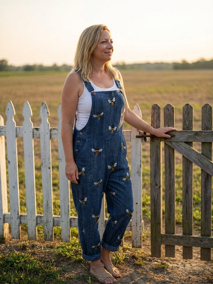 Scarlett | Women's Relaxed Everyday Denim Dungaree Jumpsuit Bee Print