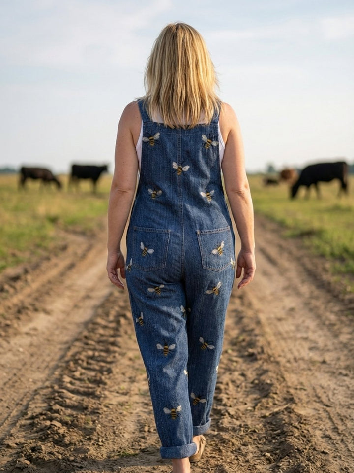 Scarlett | Women's Relaxed Everyday Denim Dungaree Jumpsuit Bee Print
