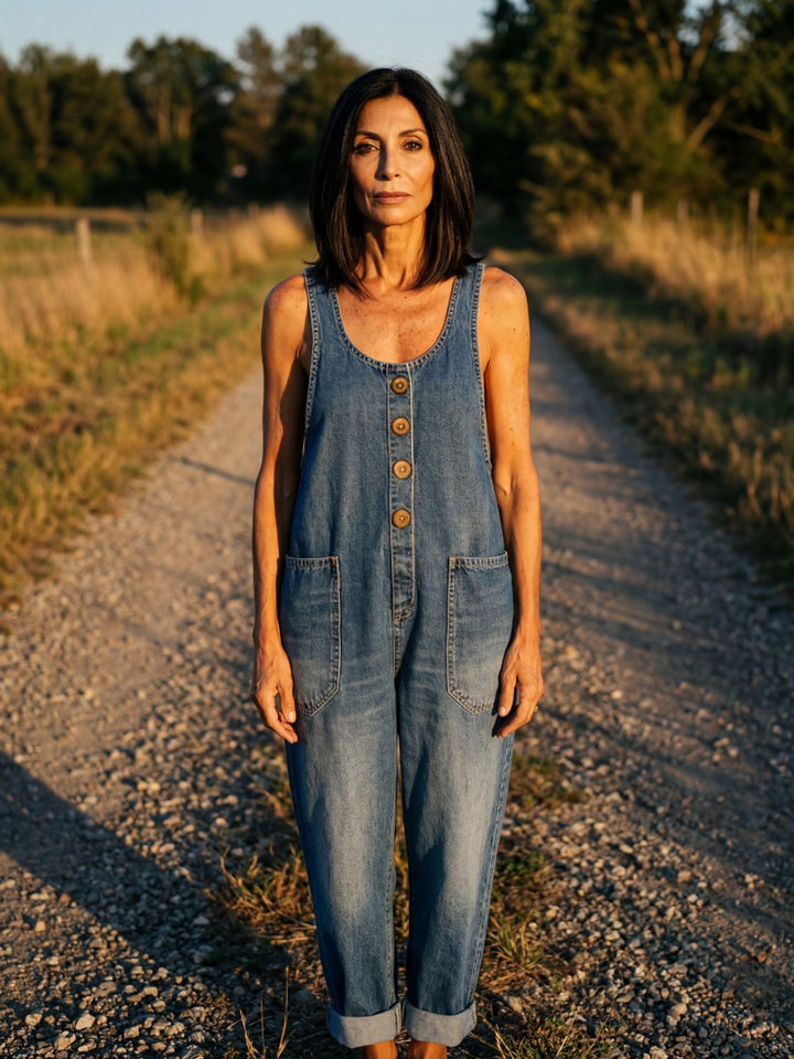 Isla | Women's Relaxed Everyday Denim Jumpsuit Rooster Print Full Length
