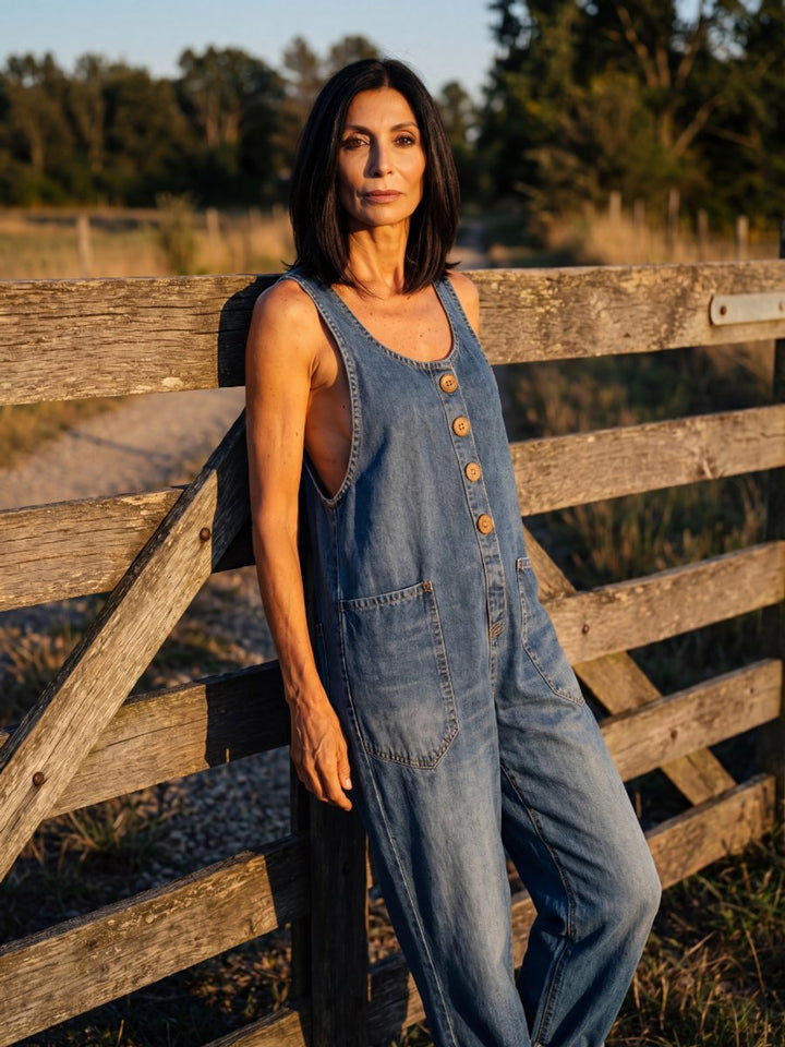 Isla | Women's Relaxed Everyday Denim Jumpsuit Rooster Print Full Length