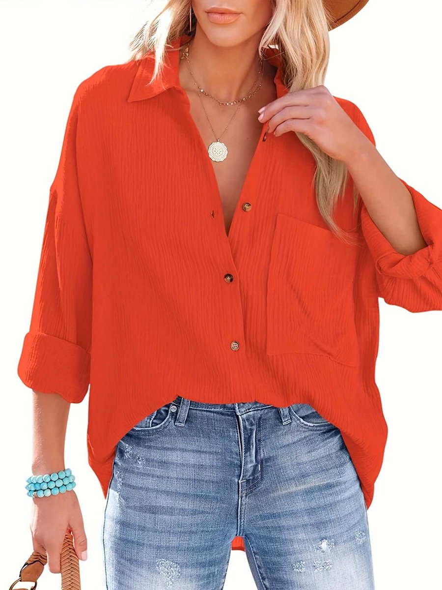 Sienna | Women's Relaxed Button-Up Shirt Chest Pocket Roll-Up Sleeves
