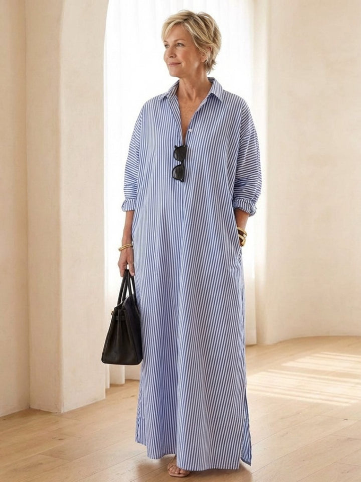 Evelyn | Women's Striped Cotton Maxi Shirt Dress Long Sleeve Relaxed Fit