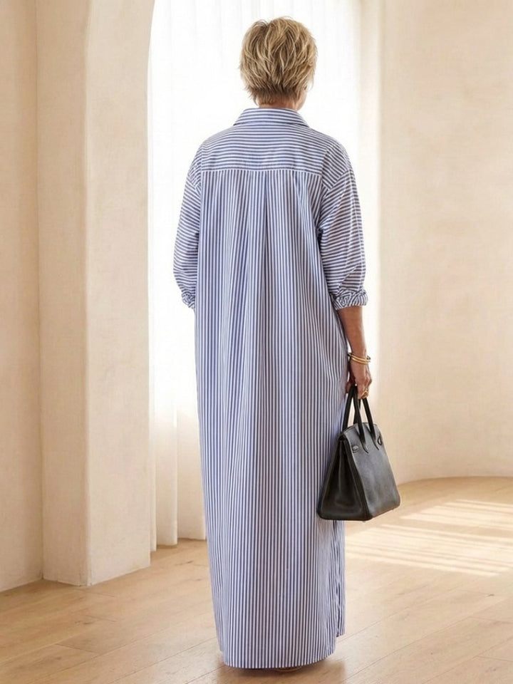 Evelyn | Women's Striped Cotton Maxi Shirt Dress Long Sleeve Relaxed Fit