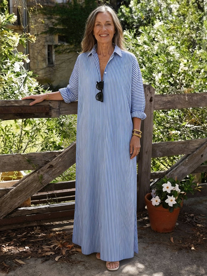 Evelyn | Women's Striped Cotton Maxi Shirt Dress Long Sleeve Relaxed Fit