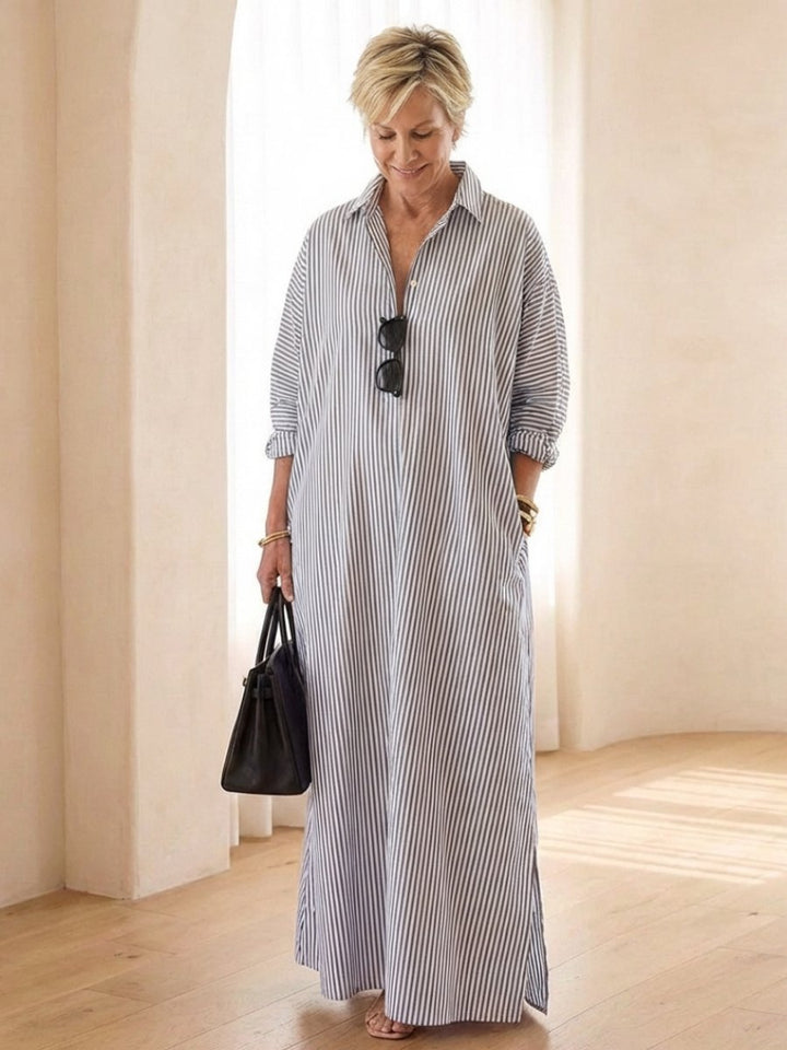 Evelyn | Women's Striped Cotton Maxi Shirt Dress Long Sleeve Relaxed Fit