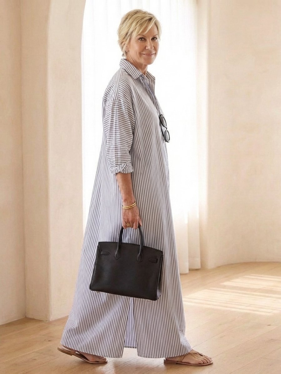 Evelyn | Women's Striped Cotton Maxi Shirt Dress Long Sleeve Relaxed Fit