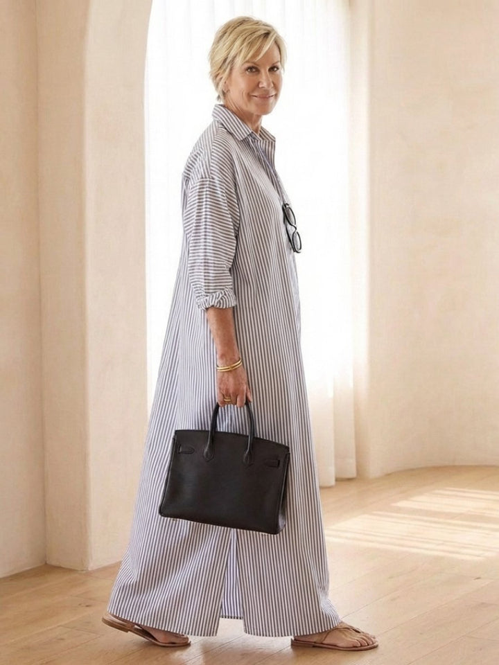 Evelyn | Women's Striped Cotton Maxi Shirt Dress Long Sleeve Relaxed Fit