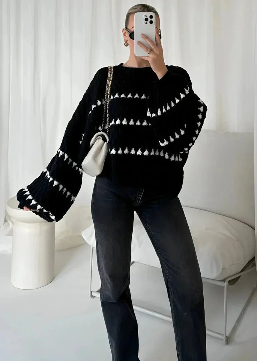 Ivy | Women's Relaxed-Fit Knitted Jumper Geometric Stripe Diamond Texture