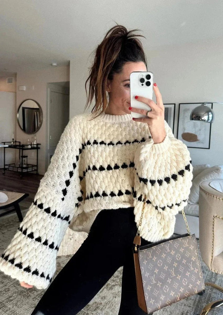 Ivy | Women's Relaxed-Fit Knitted Jumper Geometric Stripe Diamond Texture