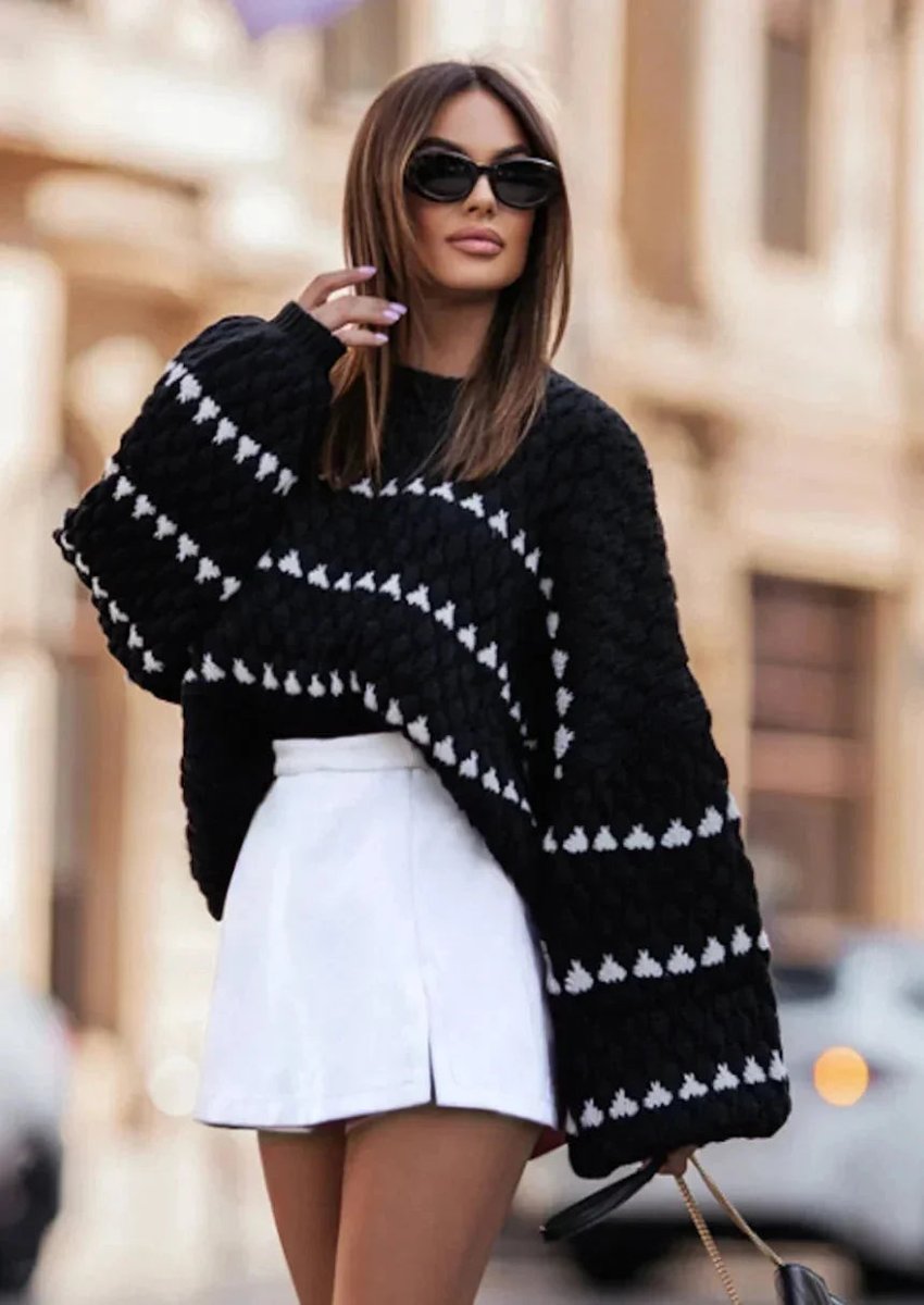 Ivy | Women's Relaxed-Fit Knitted Jumper Geometric Stripe Diamond Texture