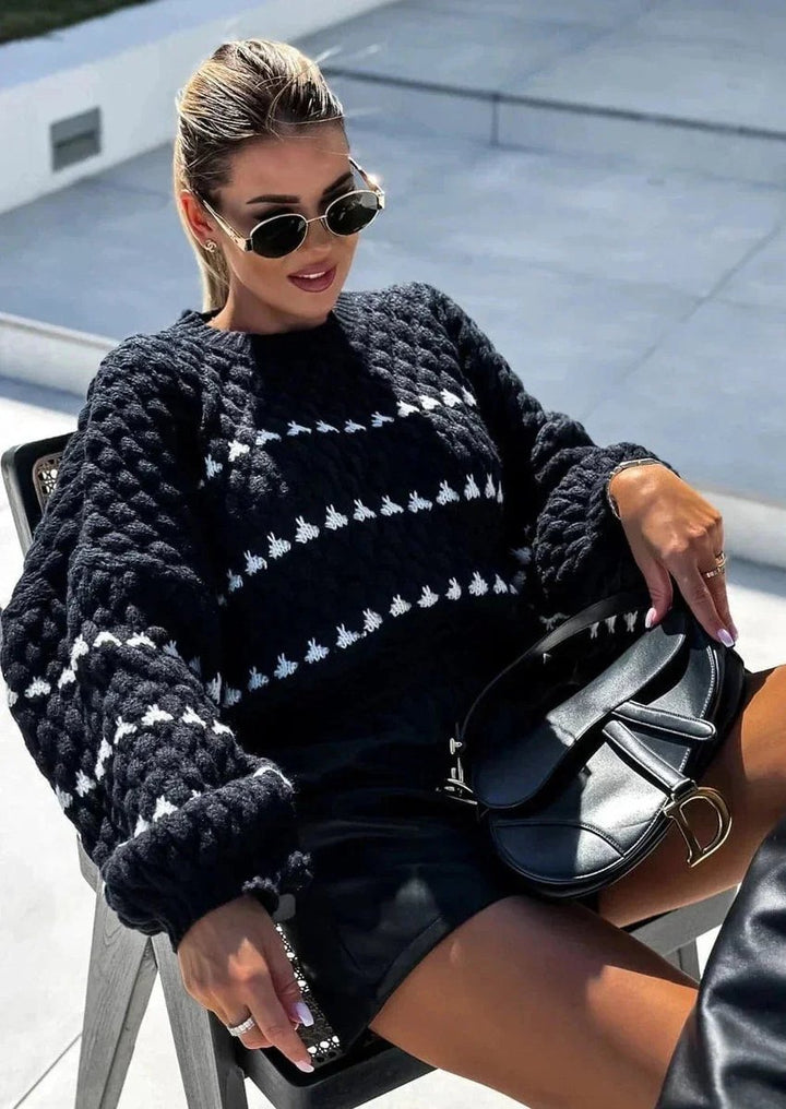 Ivy | Women's Relaxed-Fit Knitted Jumper Geometric Stripe Diamond Texture