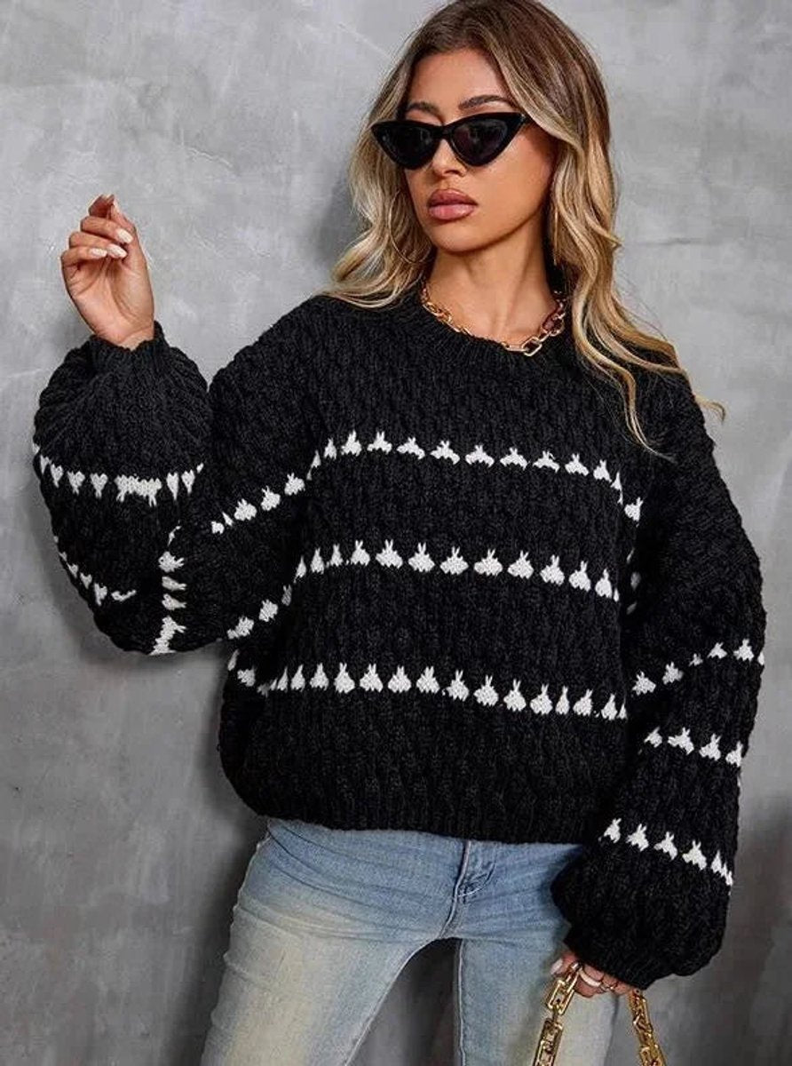 Ivy | Women's Relaxed-Fit Knitted Jumper Geometric Stripe Diamond Texture