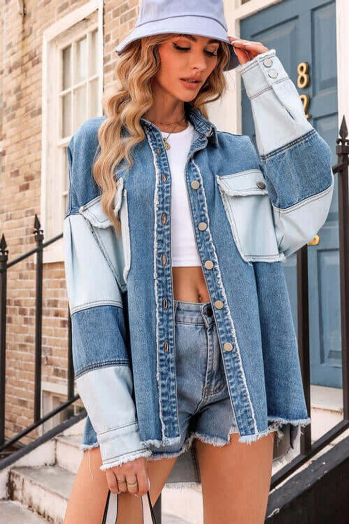 Emily | Womens Relaxed Fit Patchwork Denim Jacket Coat Raw Hem