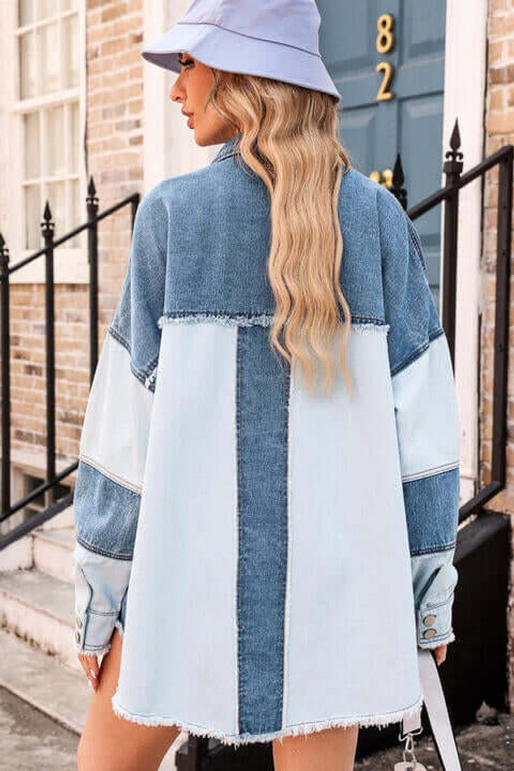 Emily | Womens Relaxed Fit Patchwork Denim Jacket Coat Raw Hem