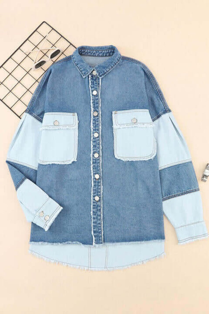 Emily | Womens Relaxed Fit Patchwork Denim Jacket Coat Raw Hem