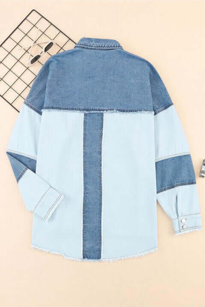 Emily | Womens Relaxed Fit Patchwork Denim Jacket Coat Raw Hem