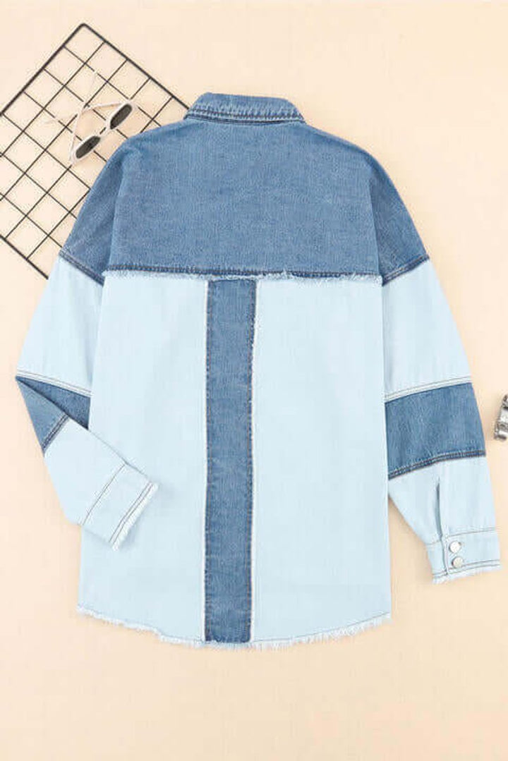 Emily | Womens Relaxed Fit Patchwork Denim Jacket Coat Raw Hem