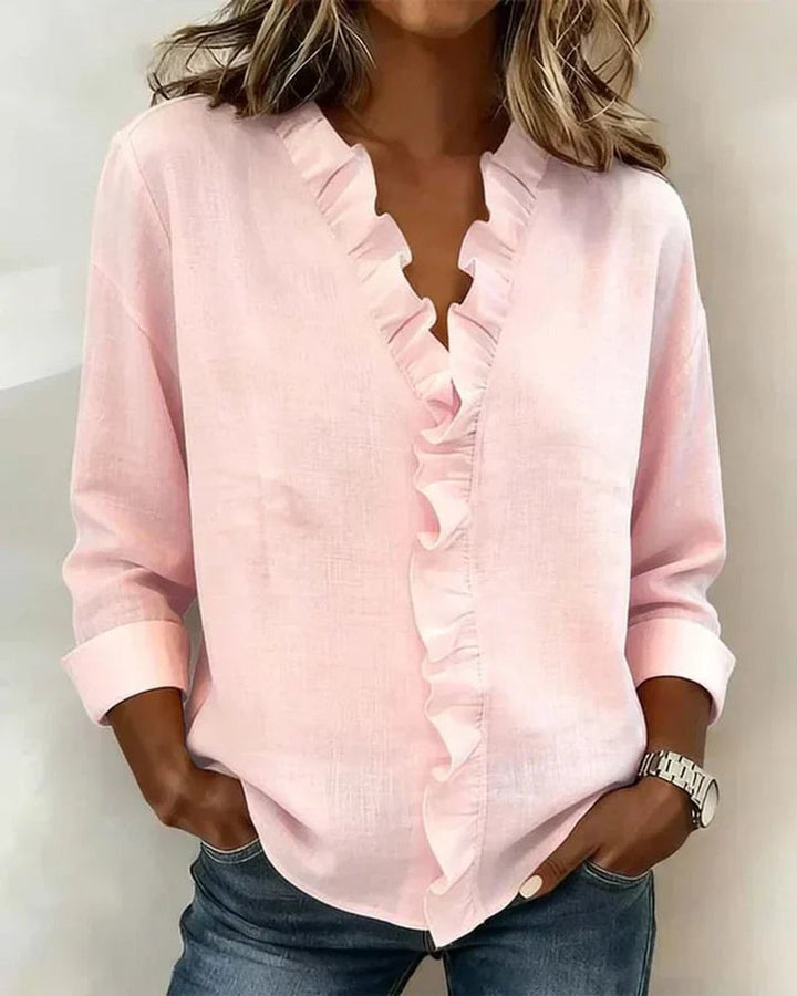 Freya | Women's Relaxed-Fit Ruffle V-Neck Long-Sleeve Blouse