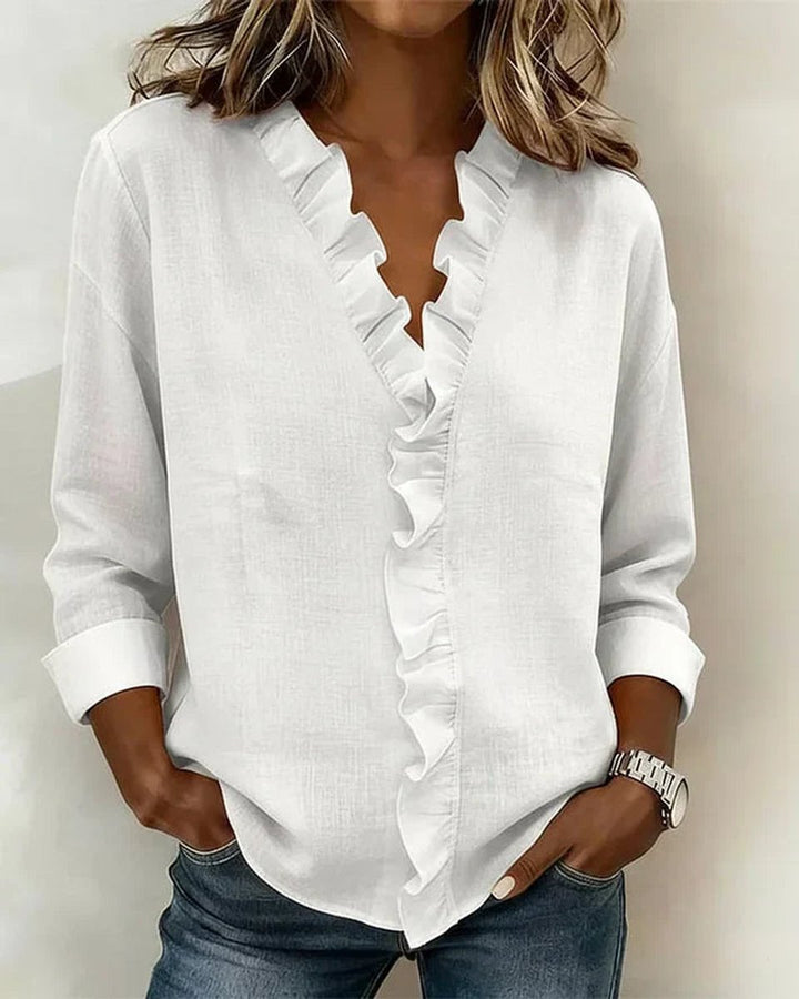 Freya | Women's Relaxed-Fit Ruffle V-Neck Long-Sleeve Blouse