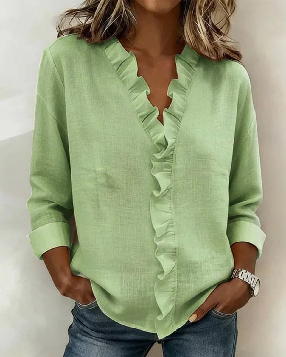 Freya | Women's Relaxed-Fit Ruffle V-Neck Long-Sleeve Blouse