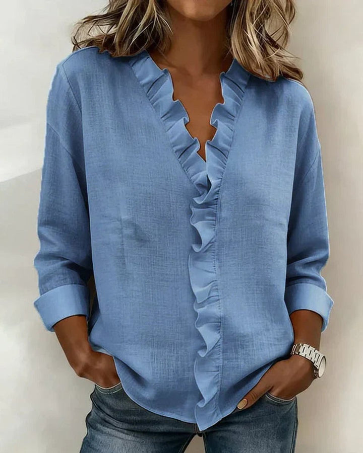 Freya | Women's Relaxed-Fit Ruffle V-Neck Long-Sleeve Blouse