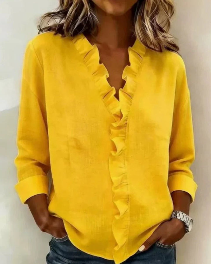Freya | Women's Relaxed-Fit Ruffle V-Neck Long-Sleeve Blouse