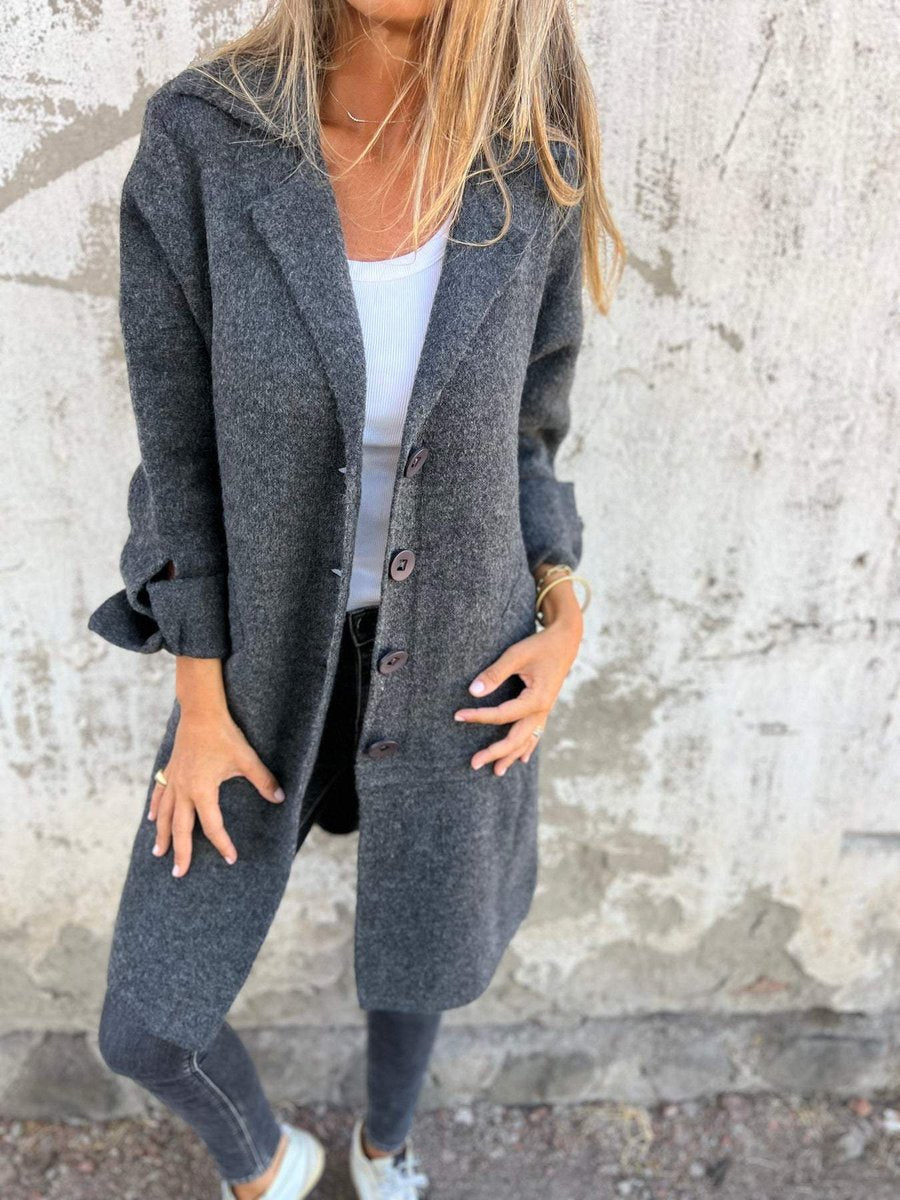 Sophie | Women's Relaxed Longline Button-Front Wool Coat Lapel