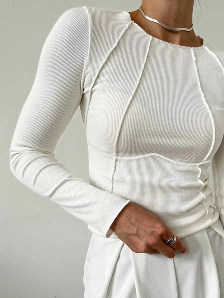 Freya | Women's Ribbed Long Sleeve Top Exposed Seam Fitted Crew Neck