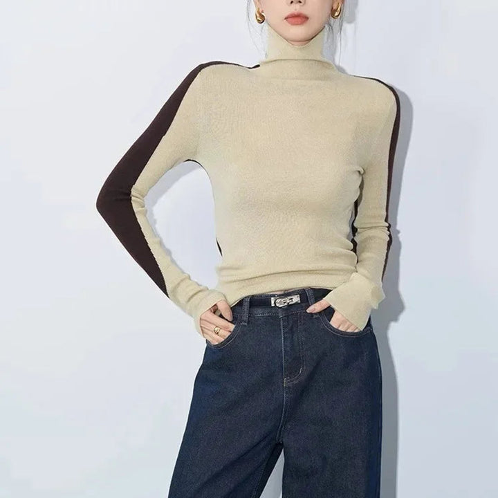 Aria | Women's Roll Neck Knitted Jumper Contrast Sleeves Slim Fit