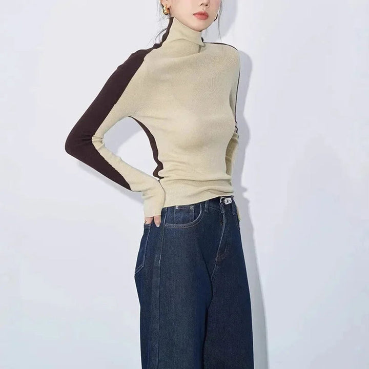 Aria | Women's Roll Neck Knitted Jumper Contrast Sleeves Slim Fit