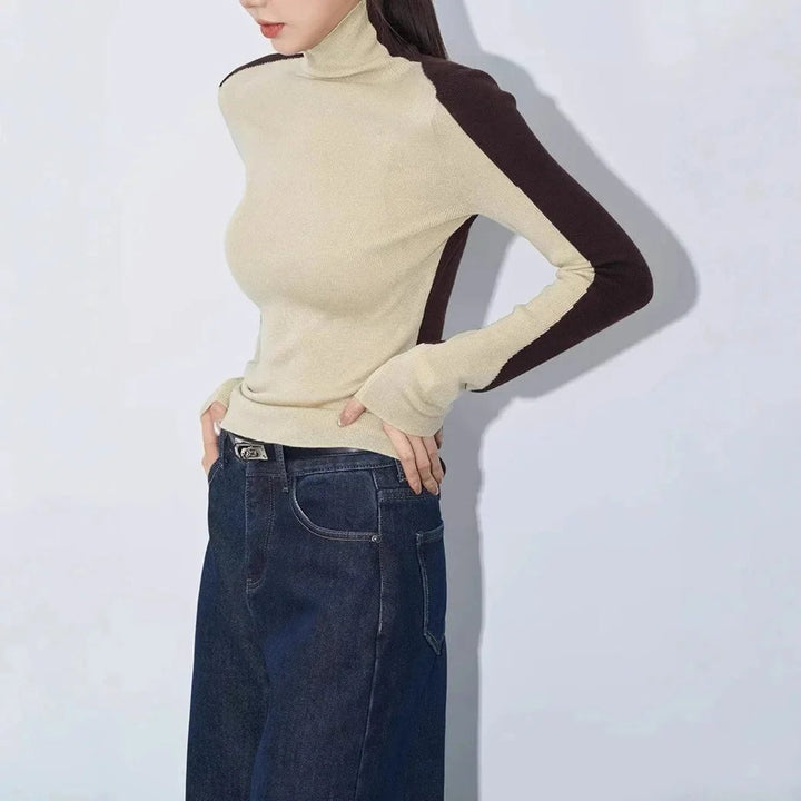 Aria | Women's Roll Neck Knitted Jumper Contrast Sleeves Slim Fit