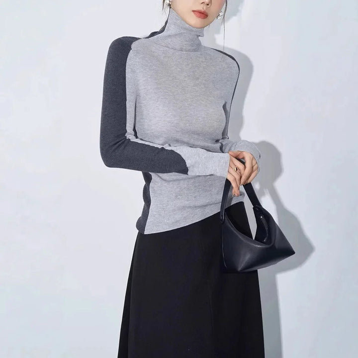 Aria | Women's Roll Neck Knitted Jumper Contrast Sleeves Slim Fit